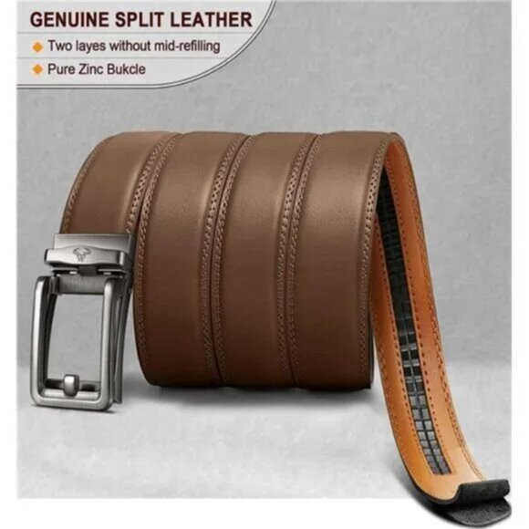 MEN Leather Belt, Ratchet Click Sliding Genuine Leather Adjustable Belt - Picture 3 of 8